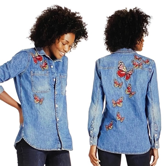 LUCKY BRAND Embroidered Butterfly Denim Boyfriend Shirt – XS - Picture 3 of 16